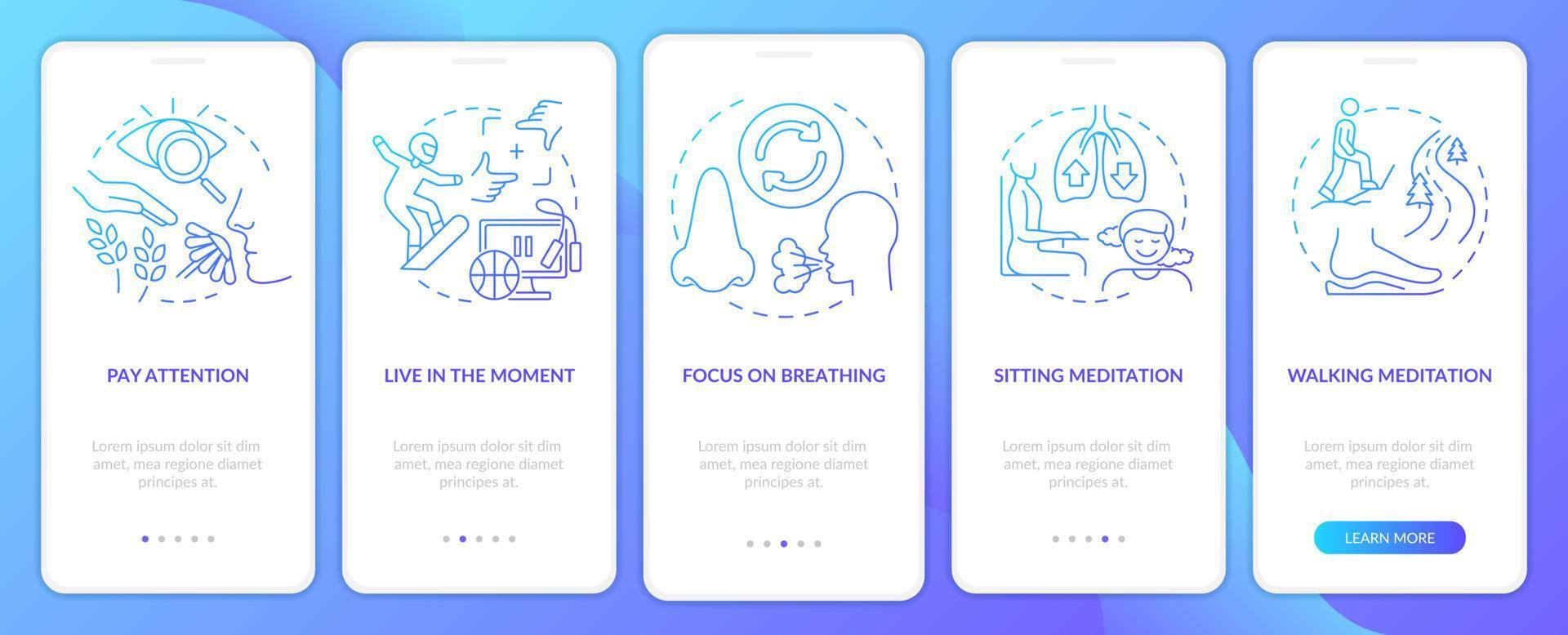 mindfulness-activiteiten blauwe gradiënt onboarding mobiele app-scherm. walkthrough 5 stappen grafische instructiepagina's met lineaire concepten. ui, ux, gui-sjabloon. vector