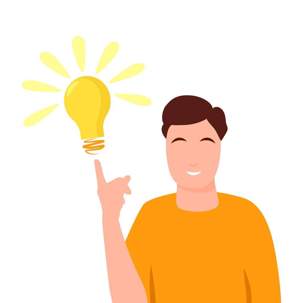 man wijst op gloeilamp over hem heen. gelukkige mannelijke ondernemer heeft een bedrijfsidee. concept van innovatie, oplossing en creativiteit. cartoon vectorillustratie. vector