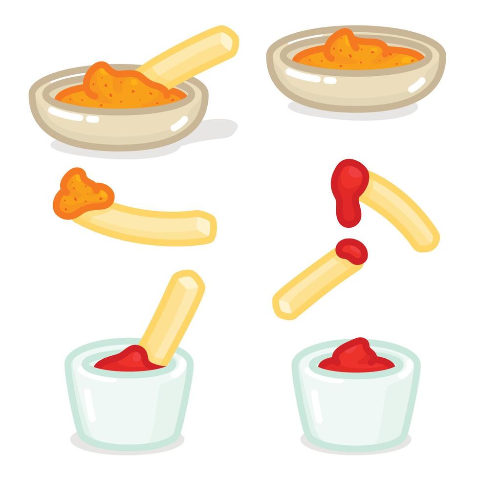 Franse frietjes gedoopt in catchup tomatensaus en chilisaus kawaii doodle platte vectorillustratie icon vector
