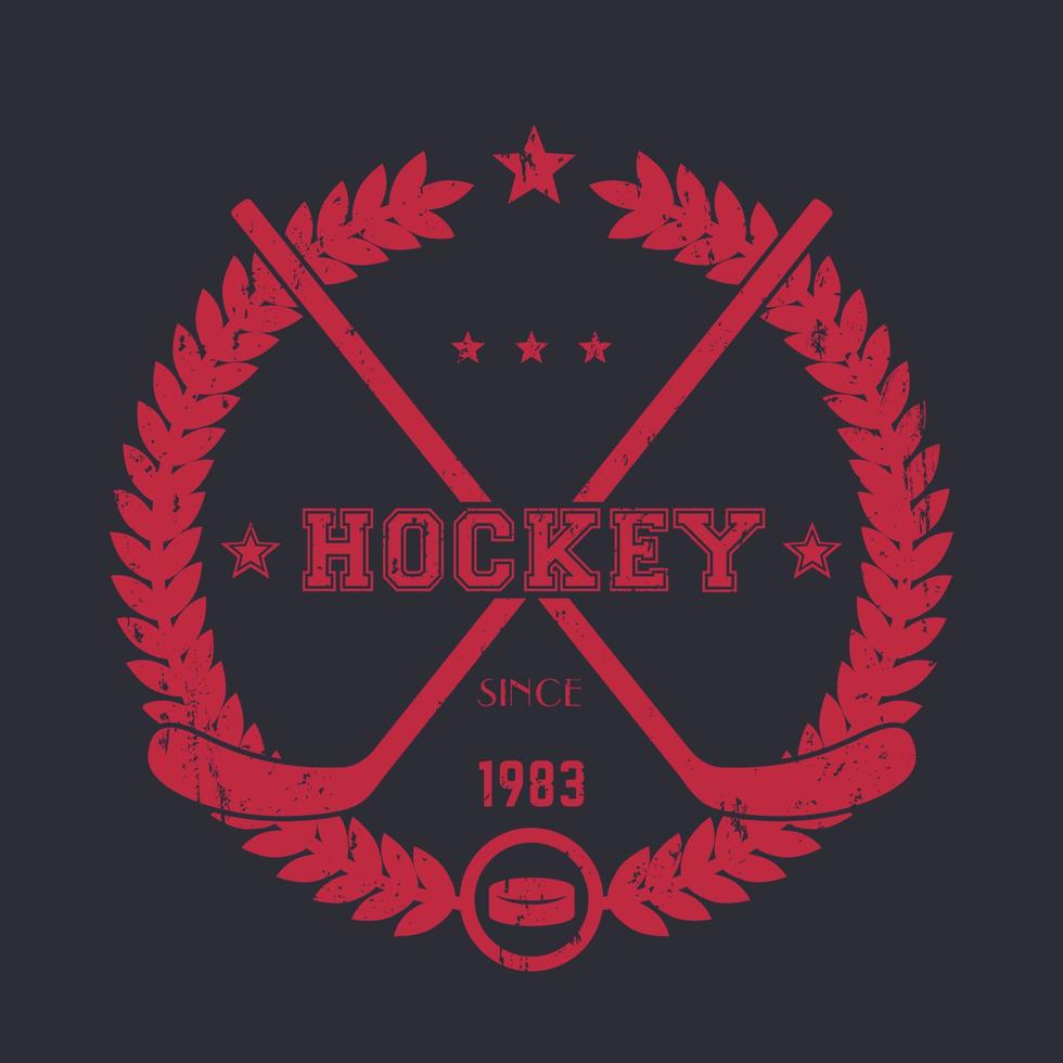 hockey vintage embleem, logo met gekruiste stokken, rood op donker vector