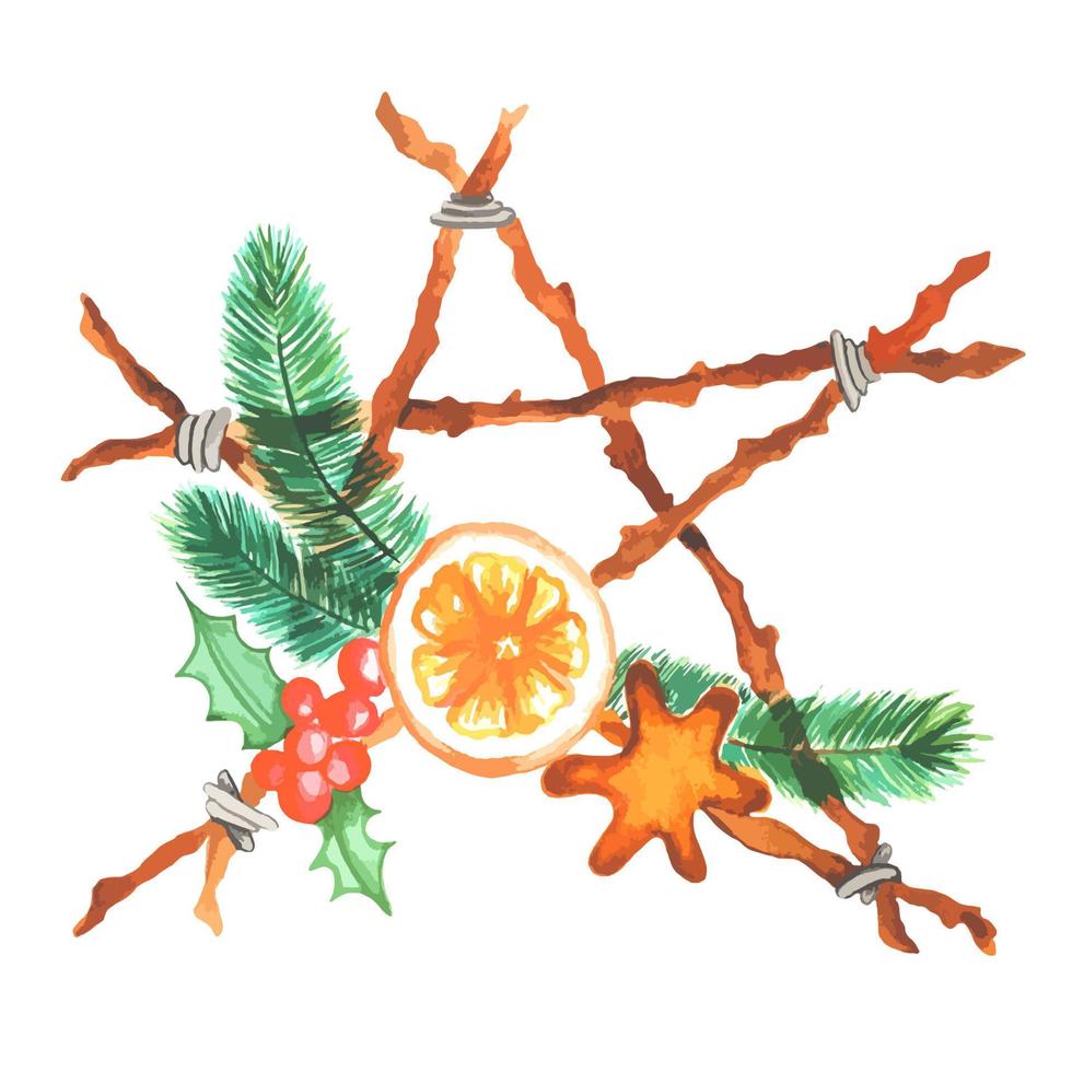 ster gemaakt van stokken met dennentakken, kaneel en sinaasappel. waterverf. kerstkaart. vector