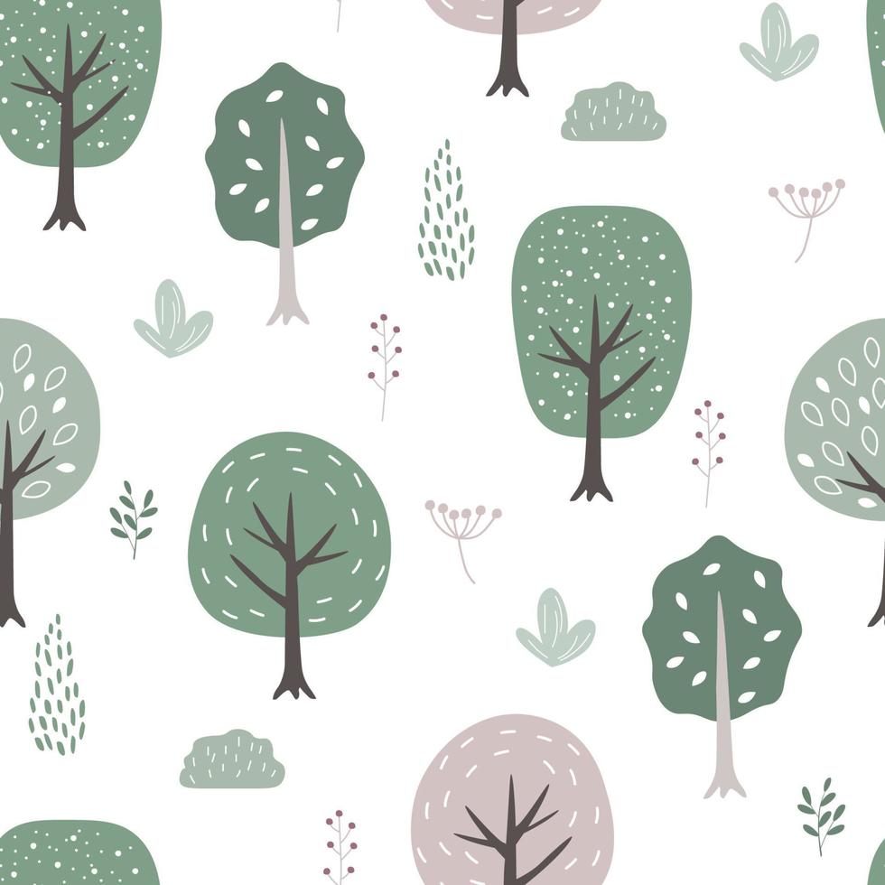 naadloos patroon met een eenvoudig Scandinavisch ornament met een bos. abstracte bomen met bladeren, struiken, takken met bessen. vectorafbeeldingen. vector