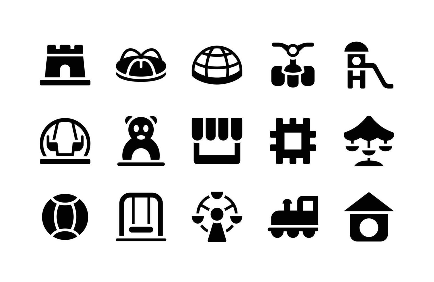 speeltuin glyph-pictogrammen, waaronder kasteel, carrousel, koepel, fiets, glijbaan, schommel, poort, winkel, puzzel, carrousel, bal, schommel, carrousel, trein, vogelhuisje vector