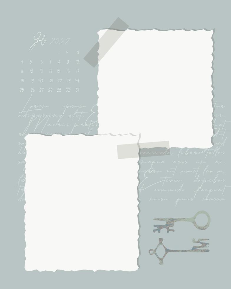 collage juli 2022 kalender takenlijst herinnering notities planner, krant, tekst en sleutel, oud papier, stempel sleutel. vintage ambacht. vector