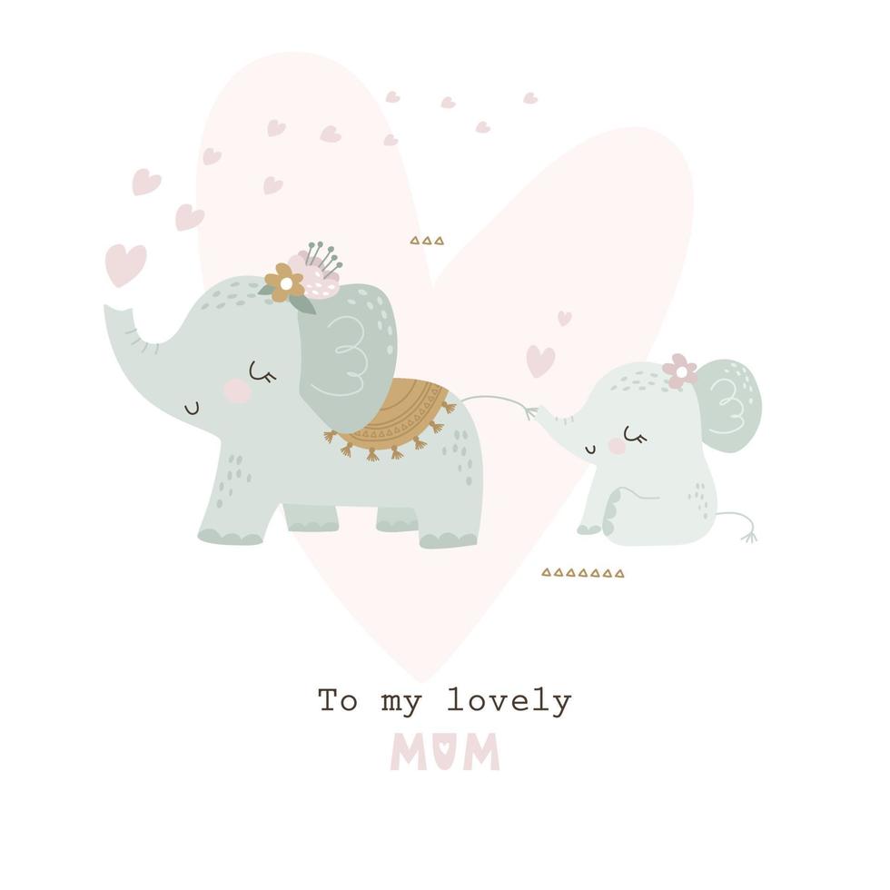 gelukkige moederdagkaart met schattige cartoonolifant. vector illustratie