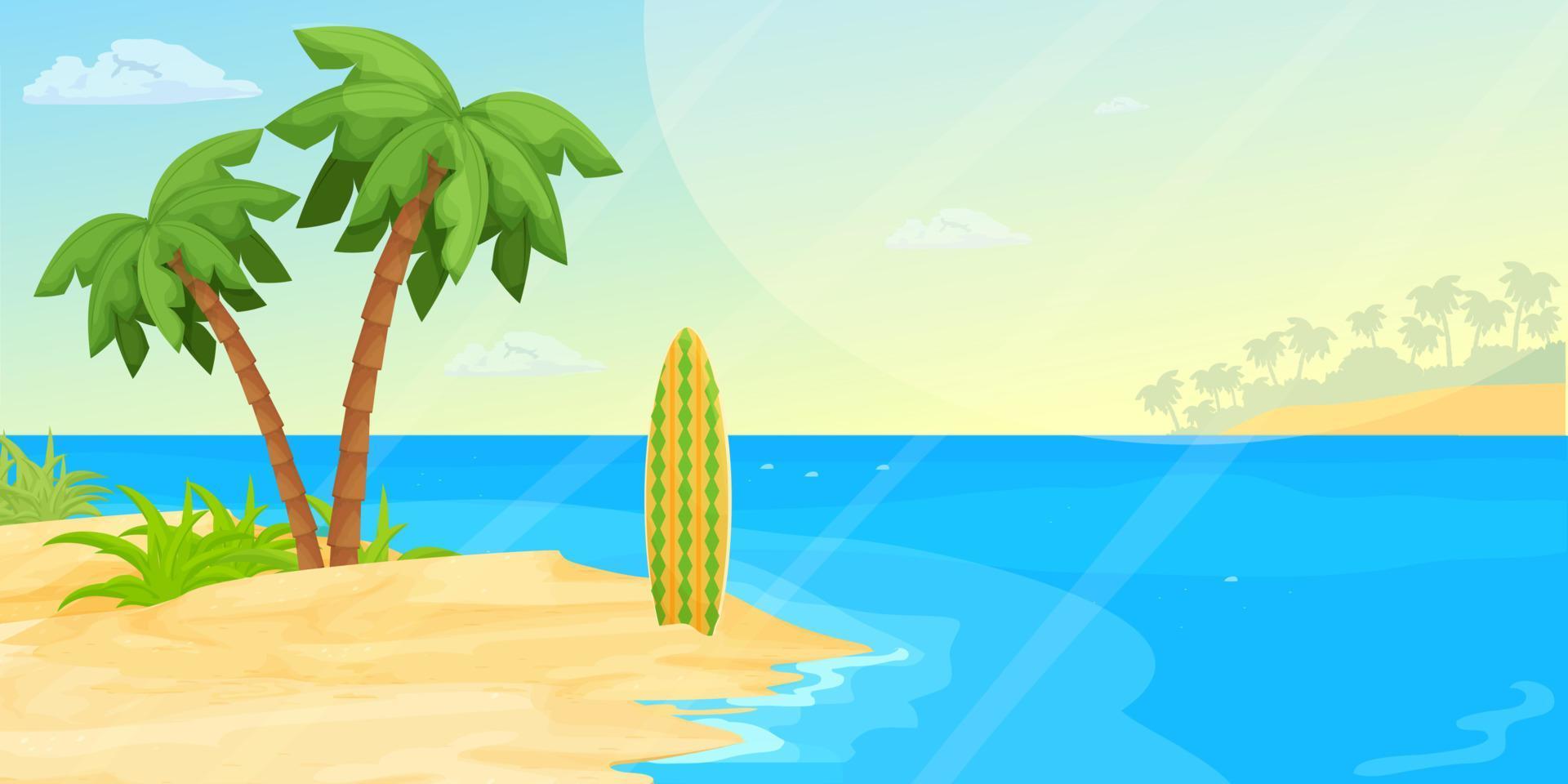 tropisch zeegezicht strand met zee, zand, palmbomen en surfplank in cartoon-stijl. horizontale banner, zomervakantie exotische kust. rustige, ontspannende scène. vector illustratie