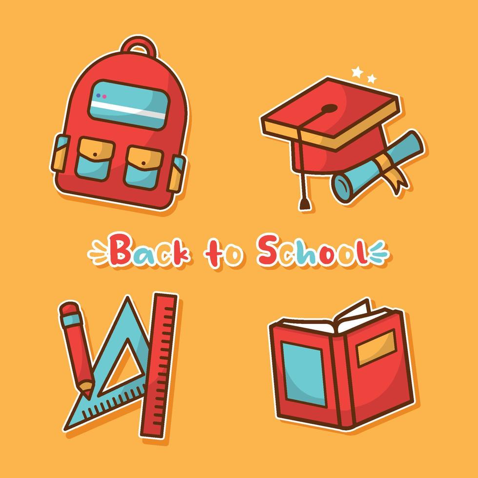 stickers met schoolbenodigdheden op gele achtergrond collectie. terug naar school cartoon afbeelding vector