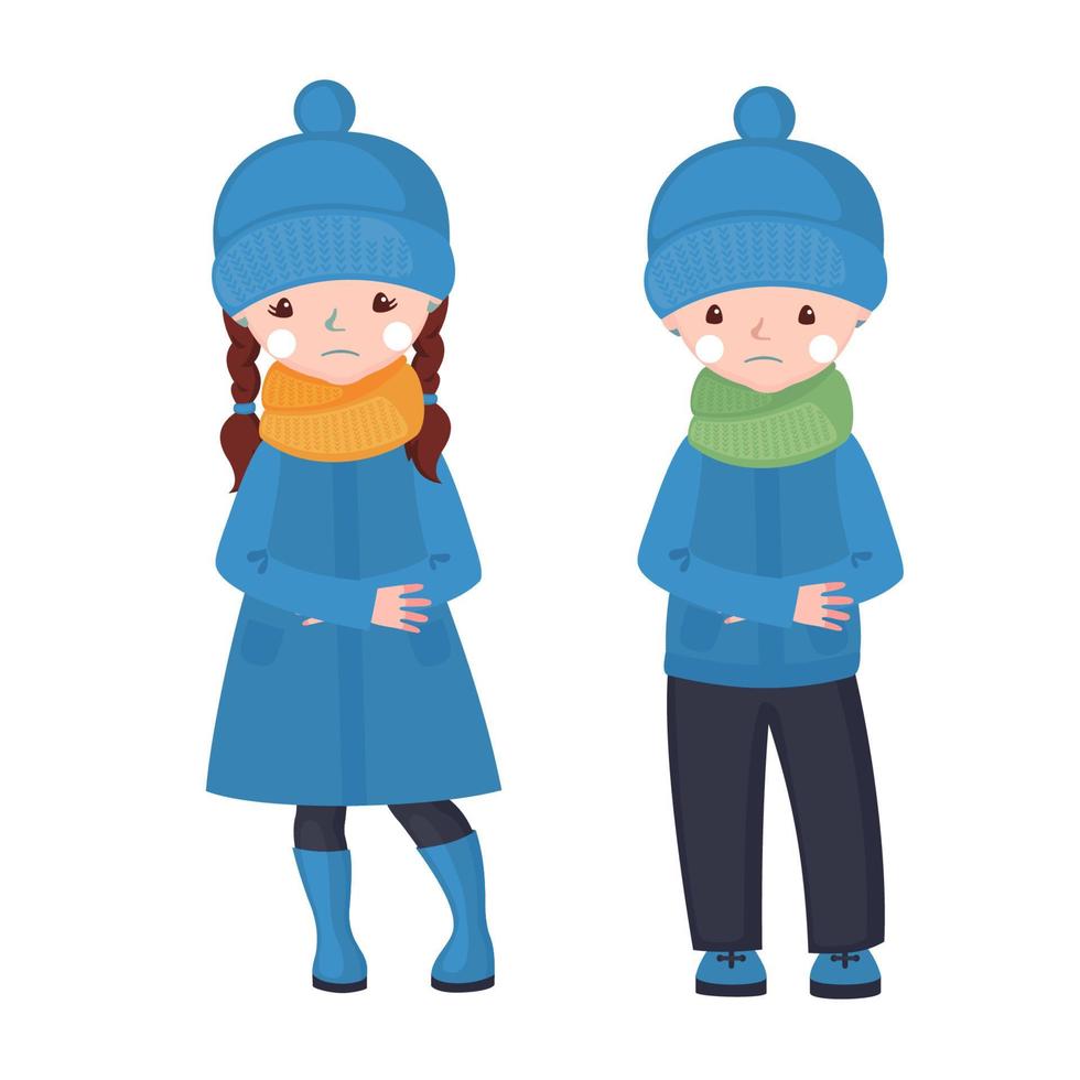 bevriezing meisje en jongen in cartoon stijl geïsoleerd op een witte achtergrond. vectorillustratie. vector