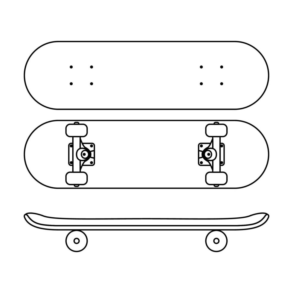 skateboard pictogram in lijn kunststijl geïsoleerd op een witte achtergrond. boven- en zijaanzicht. vectorillustratie. vector