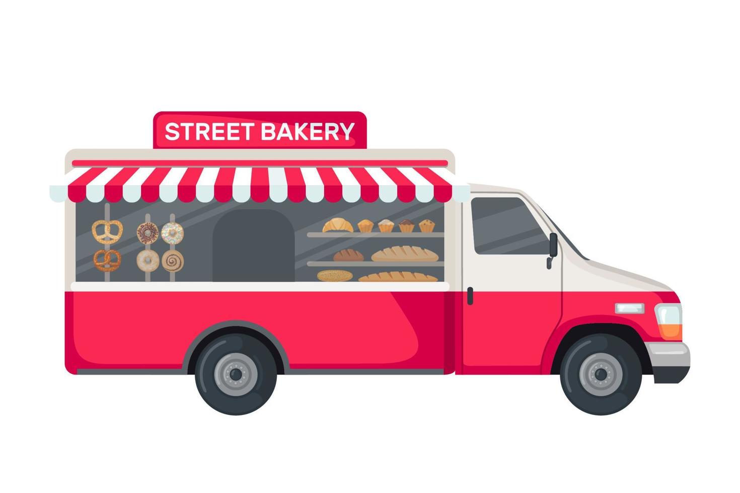 bakkerij vrachtwagen pictogram in vlakke stijl geïsoleerd op een witte achtergrond. voedsel voertuig vrachtwagen. vectorillustratie. vector