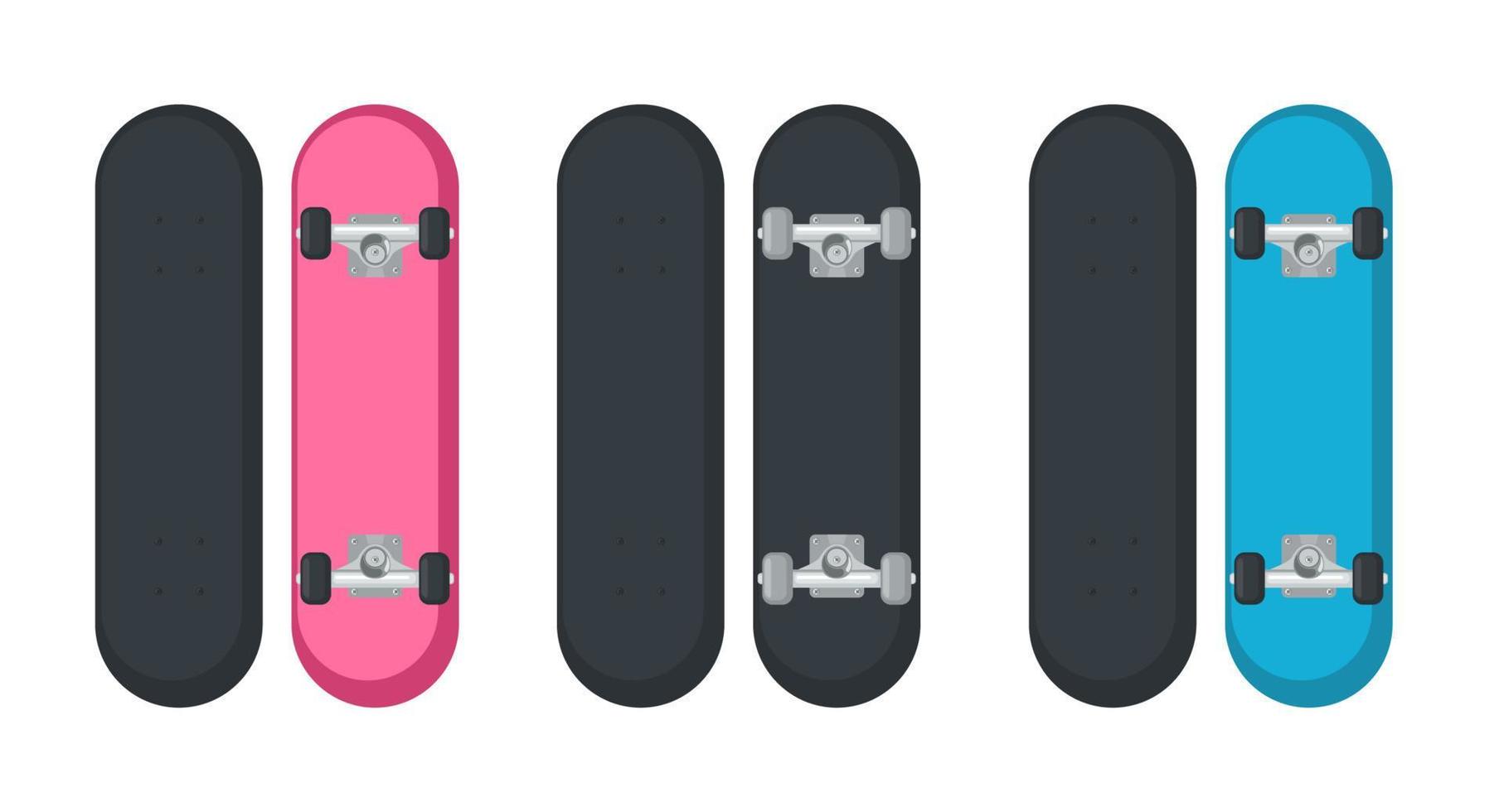 set van skateboard pictogrammen in vlakke stijl geïsoleerd op een witte achtergrond. boven- en achteraanzicht. vectorillustratie. vector