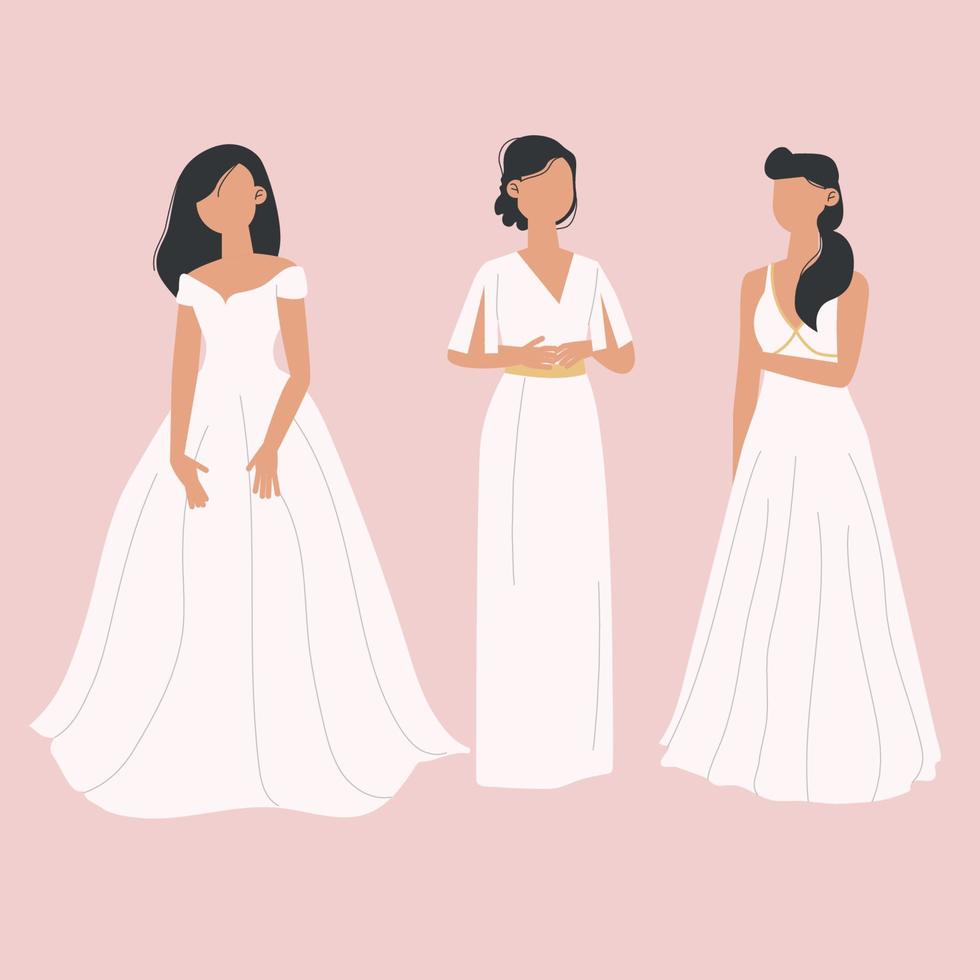 collectie van vrouwelijke bruiden in prachtige trouwjurken. vakantie en liefde concept. vector