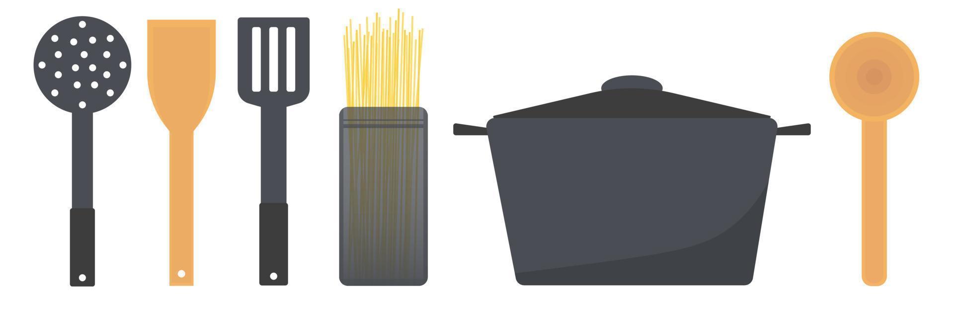 set gebruiksvoorwerpen en gereedschappen voor het koken van spaghetti vector platte illustratie