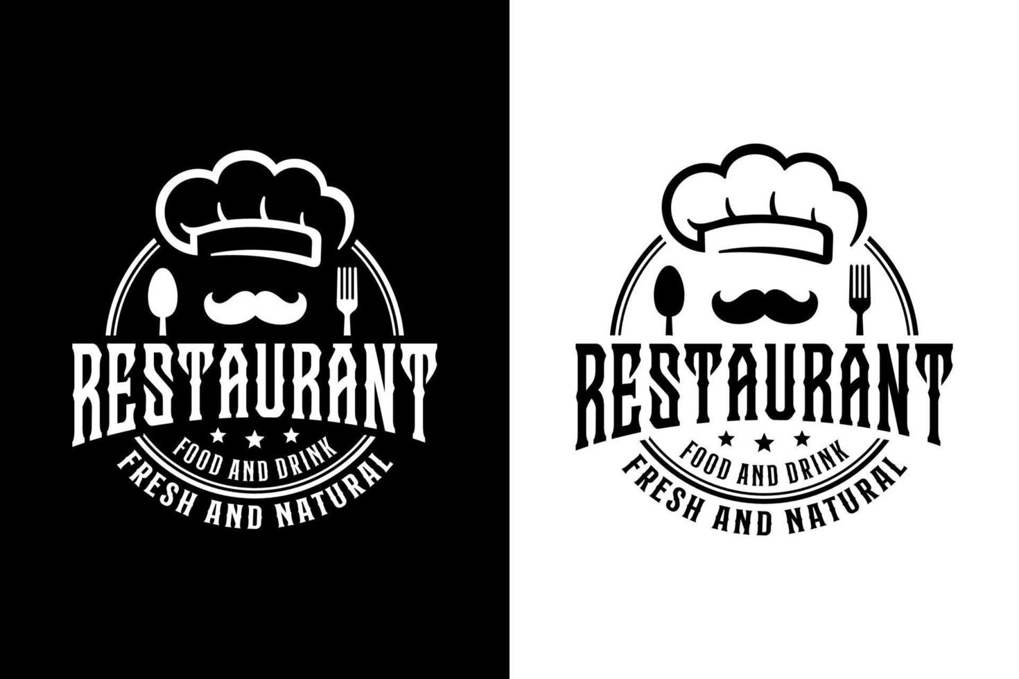 restaurant eten en drinken vers en natuurlijk zwart-wit kleurontwerp logo vector