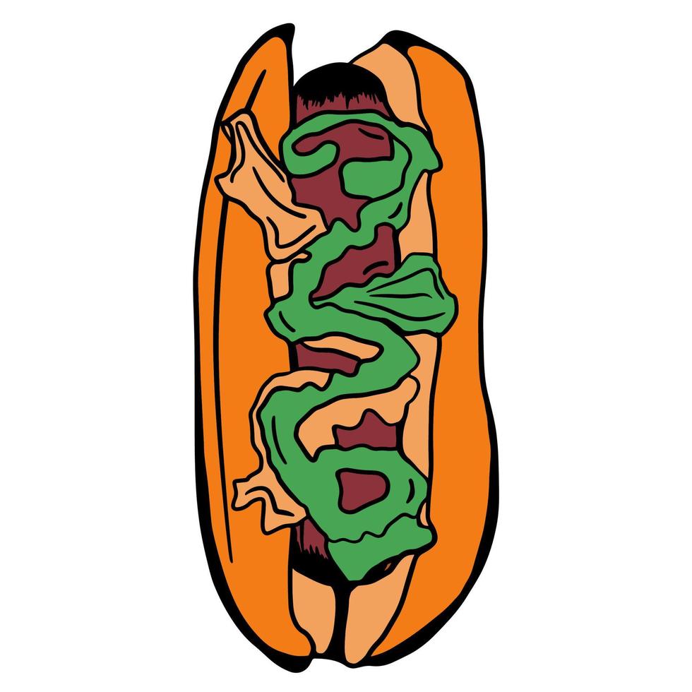 doodle van de hotdog. handgetekende fastfood illustratie. kunst van de hotdogillustratie vector