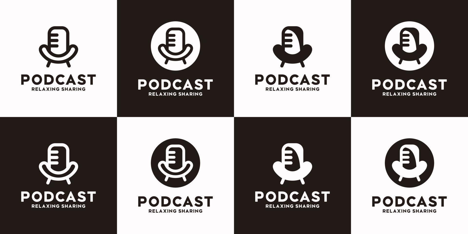 set podcast-logo met stoel en microfoonconcept, referentielogo vector