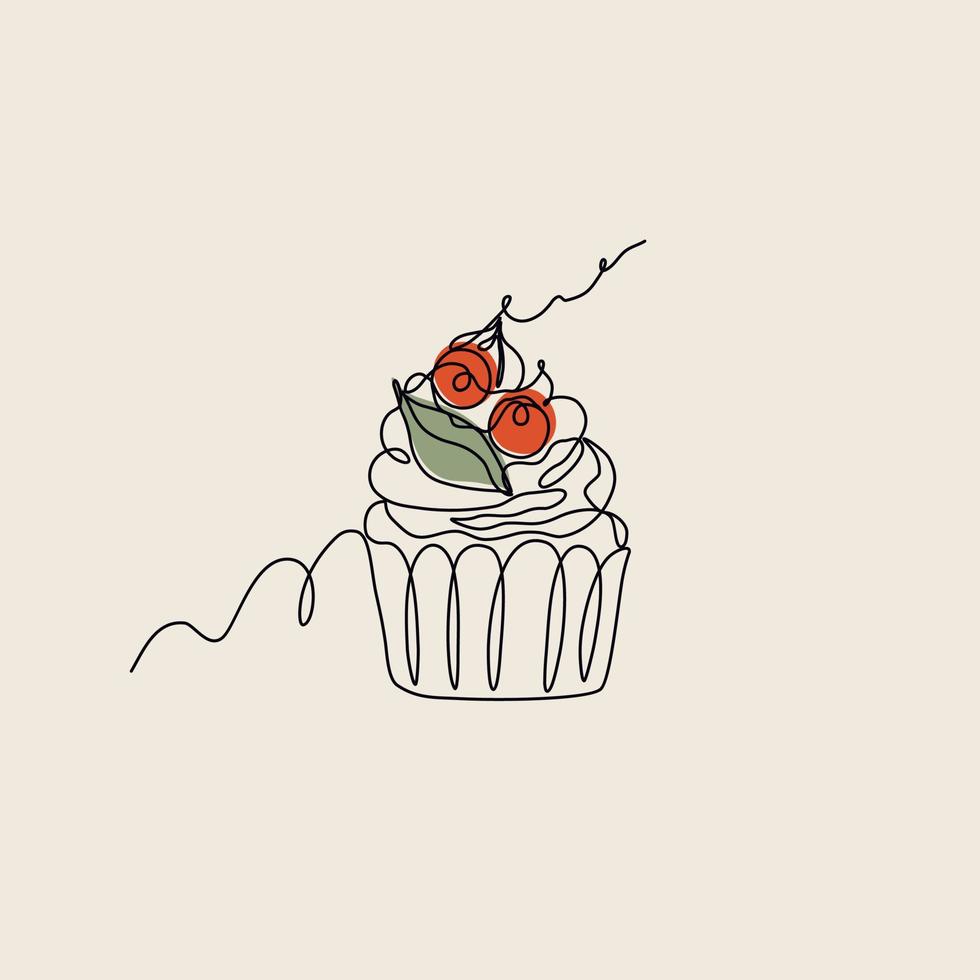 lijn kunststijl cupcake, zoet dessert met bessen en munt. minimalistische vectorillustratie voor logo, kaart, uitnodiging. vector