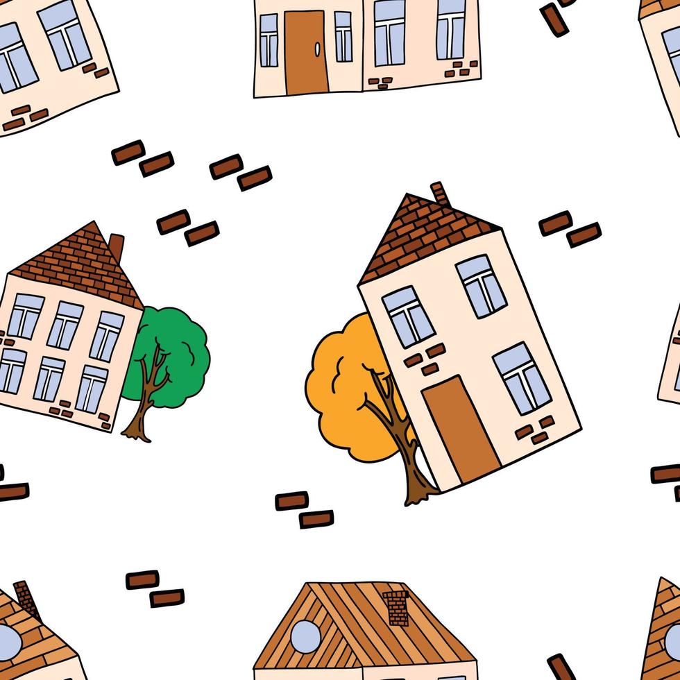 naadloze eindeloze patroon, doodle en cartoon stijl huizen op een witte achtergrond. vector