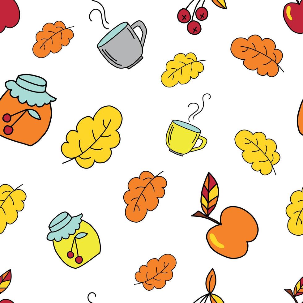 herfst naadloze eindeloze doodle-stijl patroon op een witte achtergrond. jam en drinken. vector