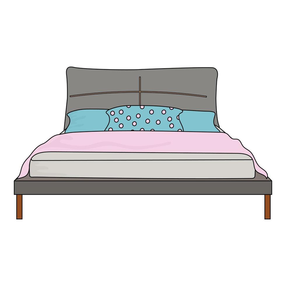 een bed met een blauw kussen, een deken en een laken op een witte achtergrond. vector tweepersoonsbed.