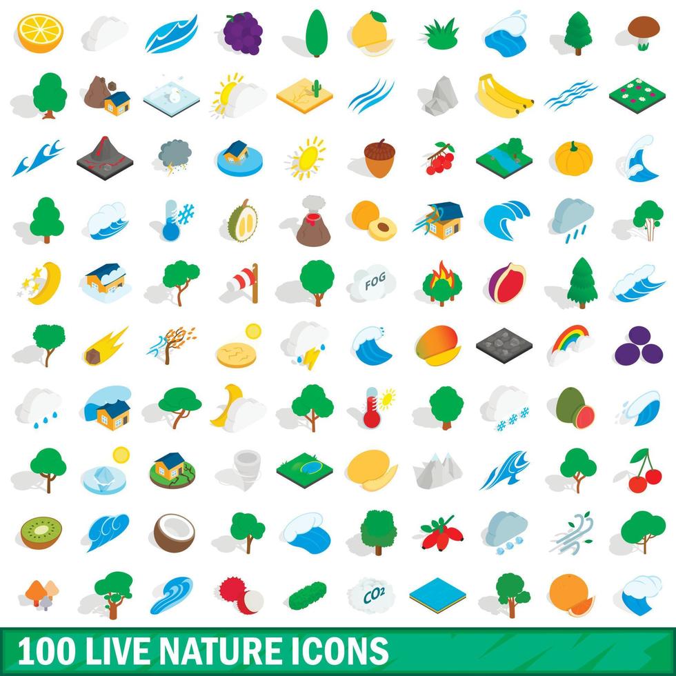 100 live natuur iconen set, isometrische 3D-stijl vector