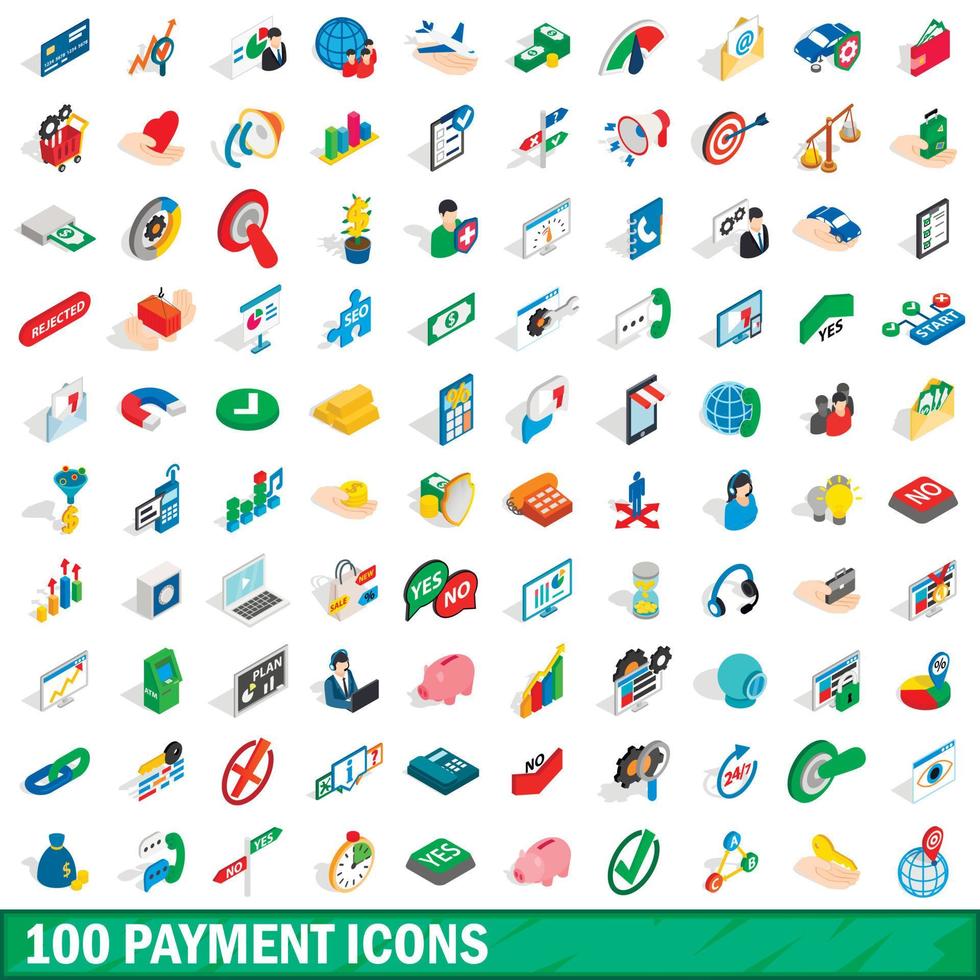 100 betaling iconen set, isometrische 3D-stijl vector