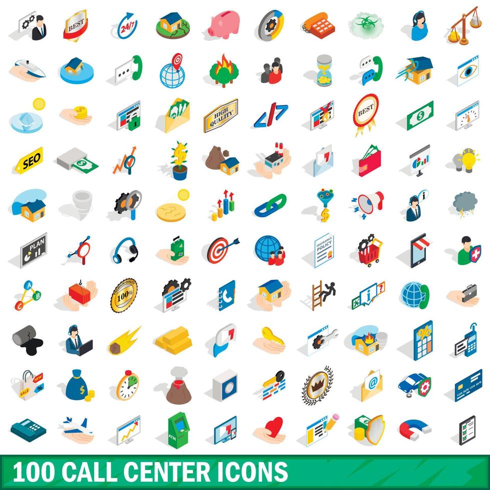 100 callcenter iconen set, isometrische 3D-stijl vector