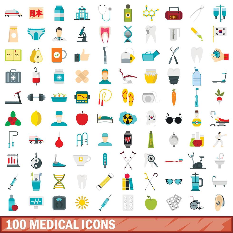 100 medische iconen set, vlakke stijl vector