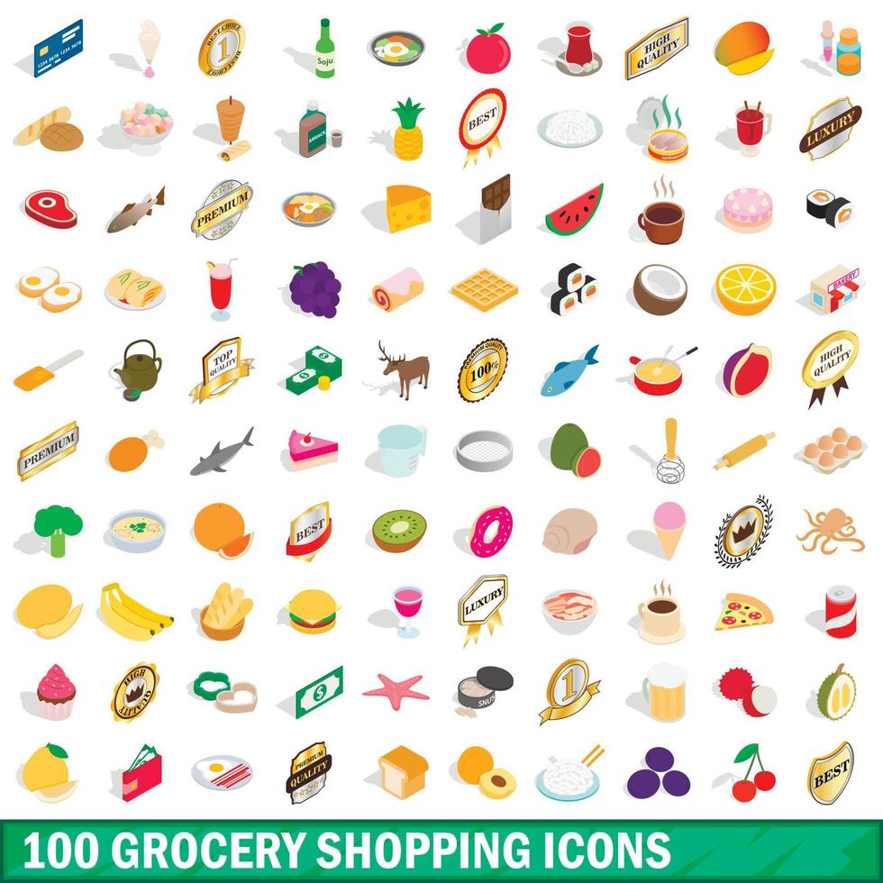 100 boodschappen iconen set, isometrische 3D-stijl vector