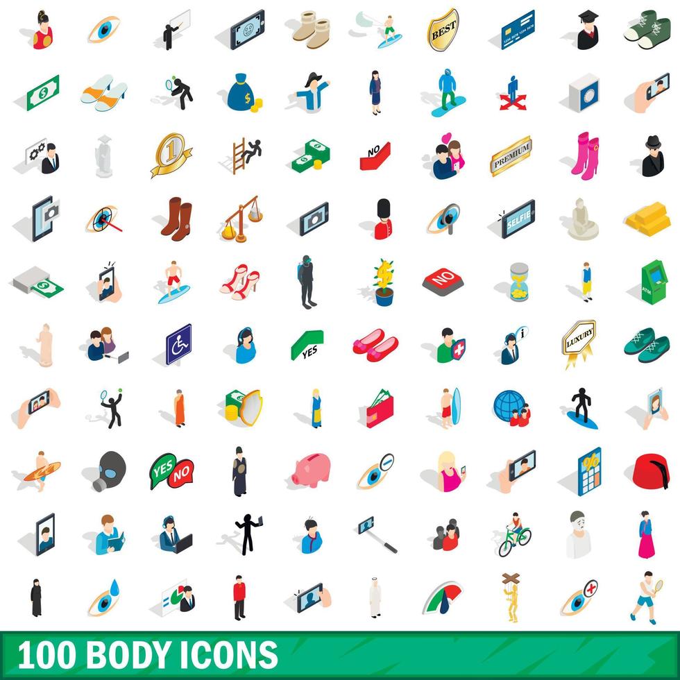 100 lichaam iconen set, isometrische 3D-stijl vector