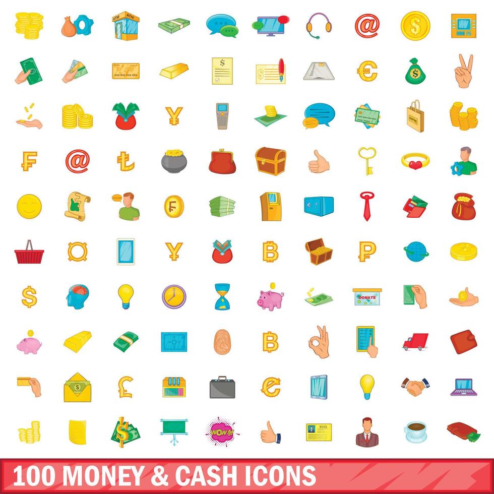 100 geld en contant geld iconen set, cartoon stijl vector