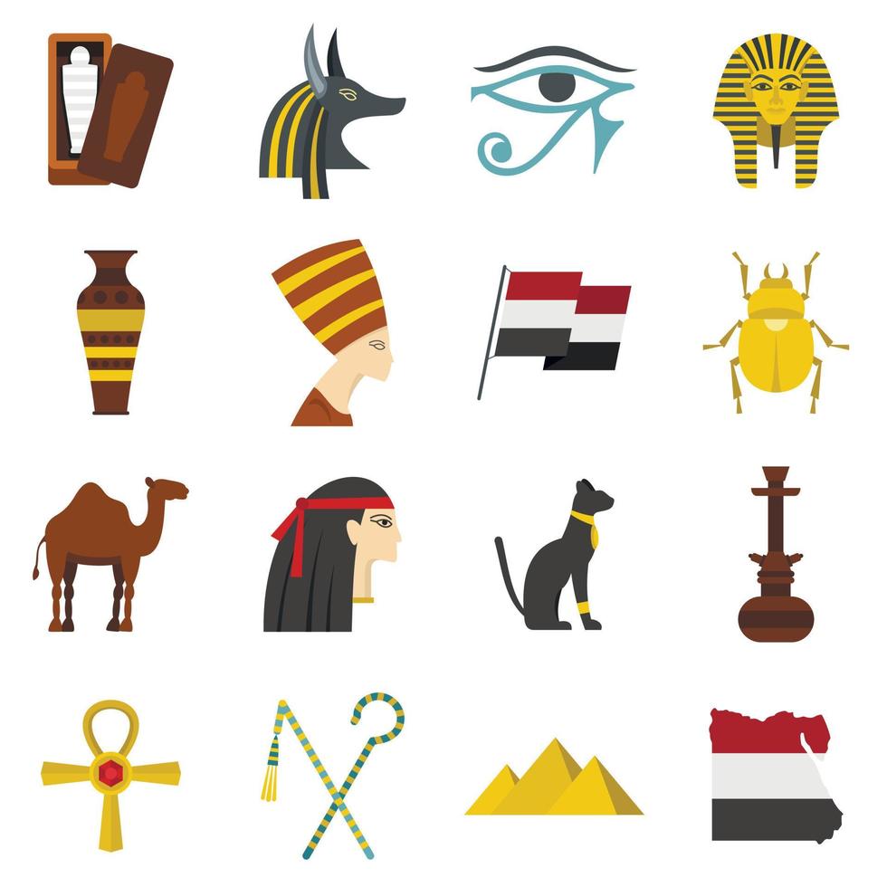 Egypte reizen items pictogrammen instellen in vlakke stijl vector