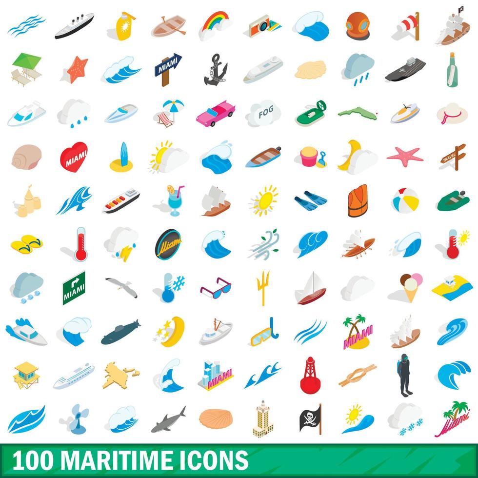 100 maritieme iconen set, isometrische 3D-stijl vector