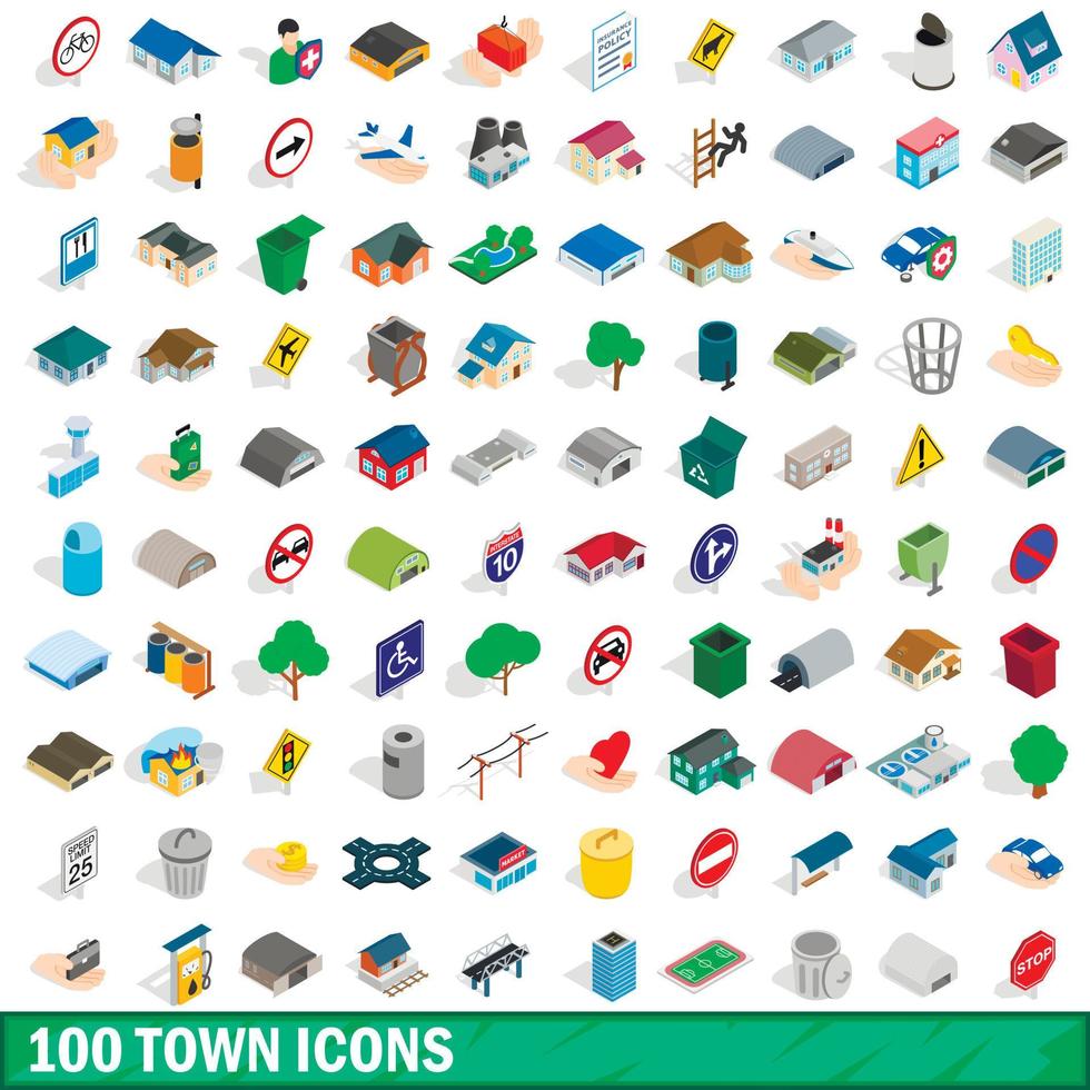 100 stad iconen set, isometrische 3D-stijl vector