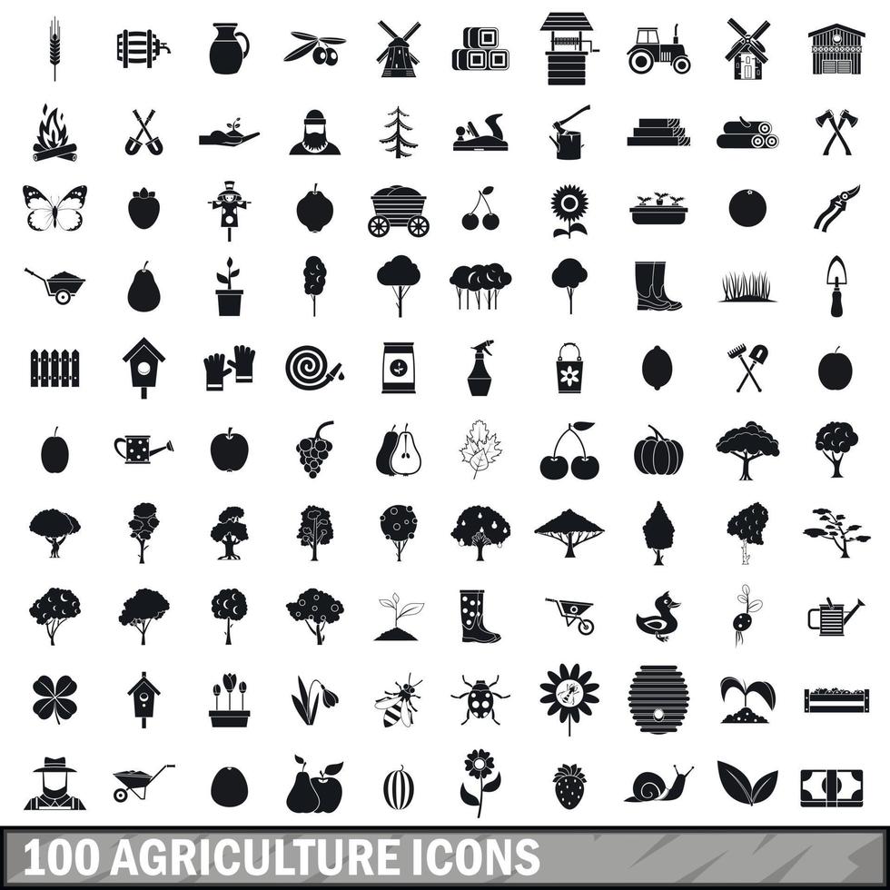 100 landbouwpictogrammen in eenvoudige stijl vector