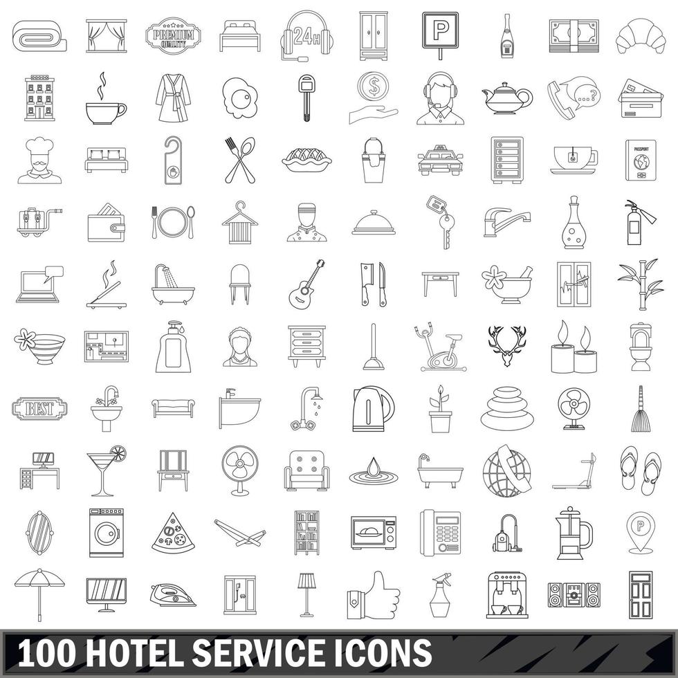 100 hotelservice iconen set, Kaderstijl vector