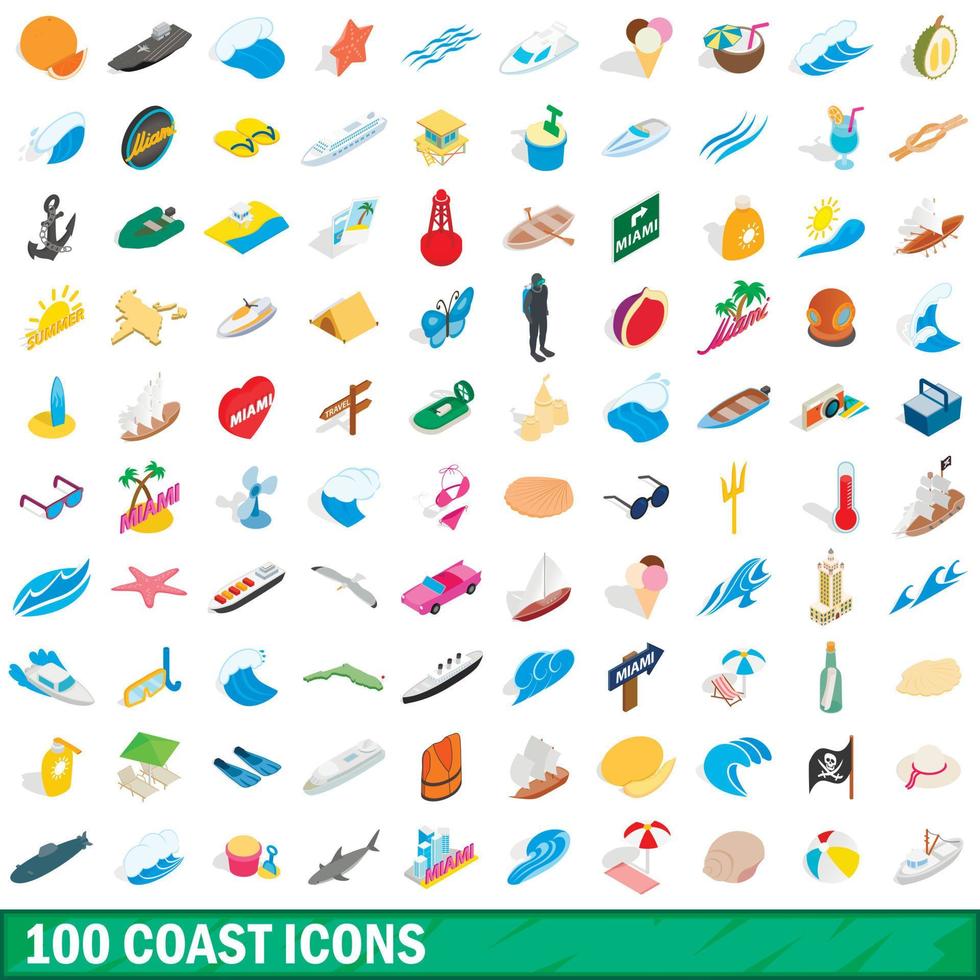 100 kust iconen set, isometrische 3D-stijl vector