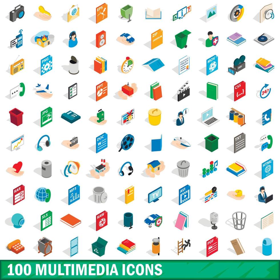 100 multimedia iconen set, isometrische 3D-stijl vector