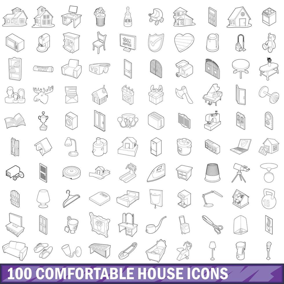 100 comfortabele huis iconen set, Kaderstijl vector