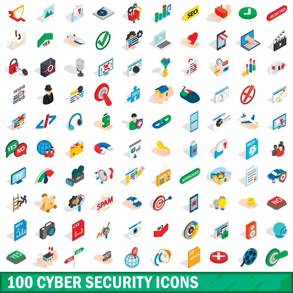 100 cyberbeveiliging iconen set, isometrische 3D-stijl vector