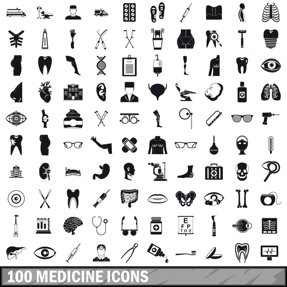 100 geneeskunde iconen set, eenvoudige stijl vector