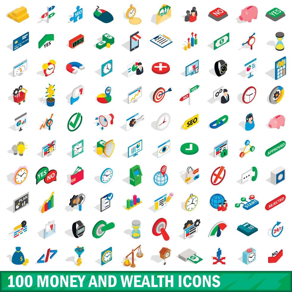 100 geld rijkdom iconen set, isometrische 3D-stijl vector