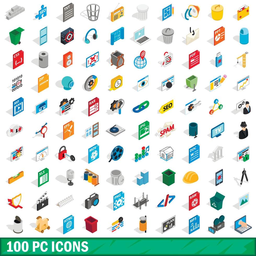 100 pc iconen set, isometrische 3D-stijl vector