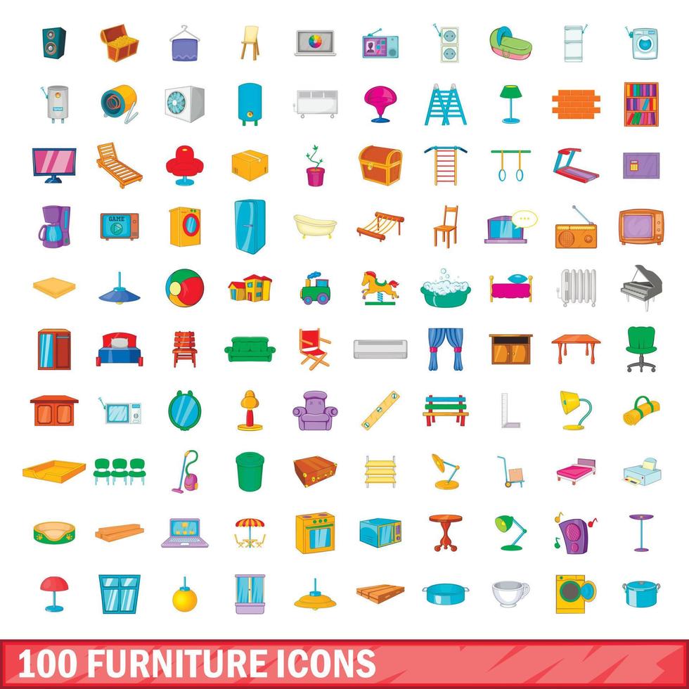 100 meubels iconen set, cartoon stijl vector