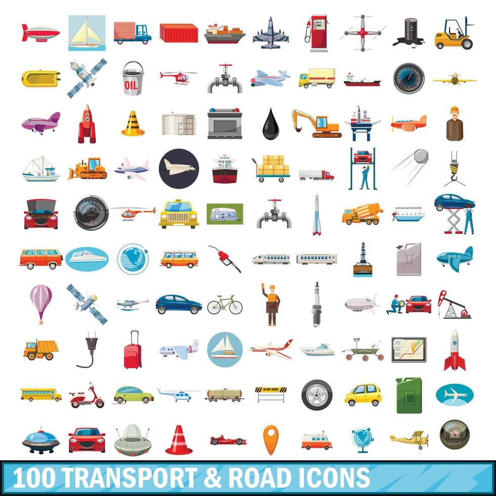 100 transport en weg iconen set, cartoon stijl vector