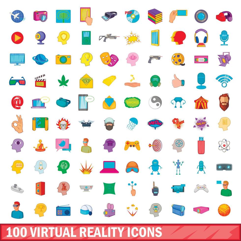 100 virtuele realiteit iconen set, cartoon stijl vector