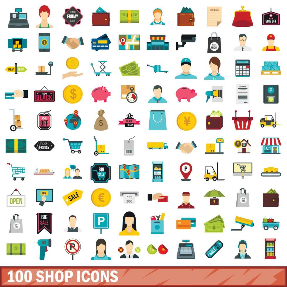 100 winkel iconen set, vlakke stijl vector