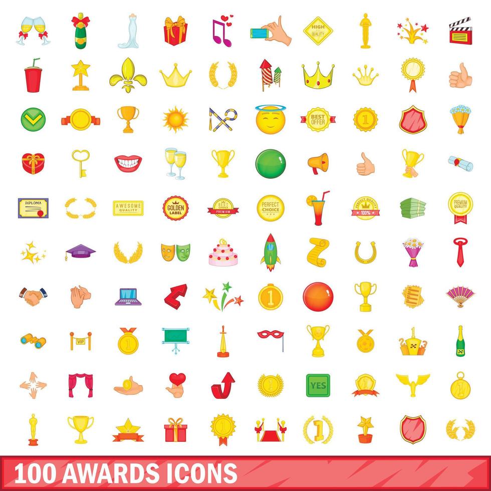 100 onderscheidingen iconen set, cartoon stijl vector