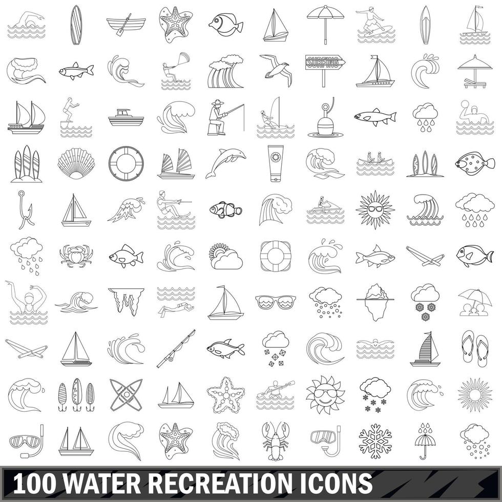 100 waterrecreatie iconen set, Kaderstijl vector