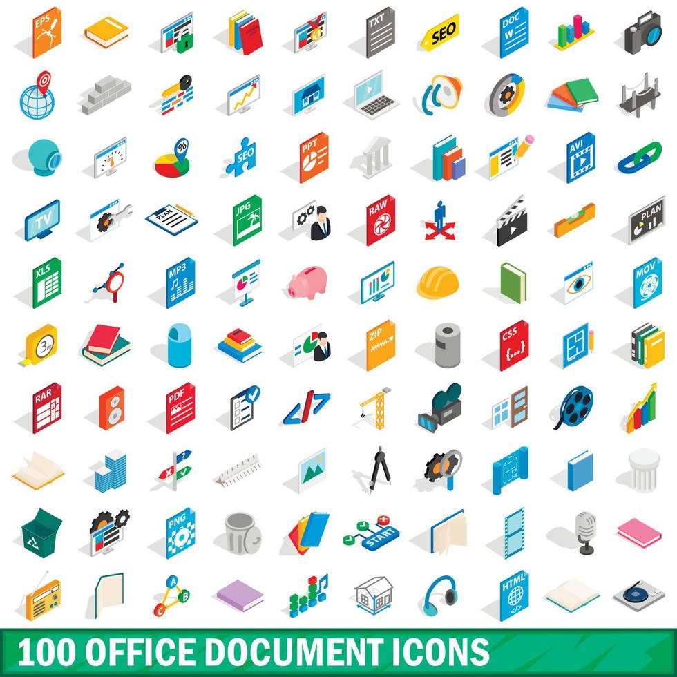 100 office document iconen set, isometrische 3D-stijl vector